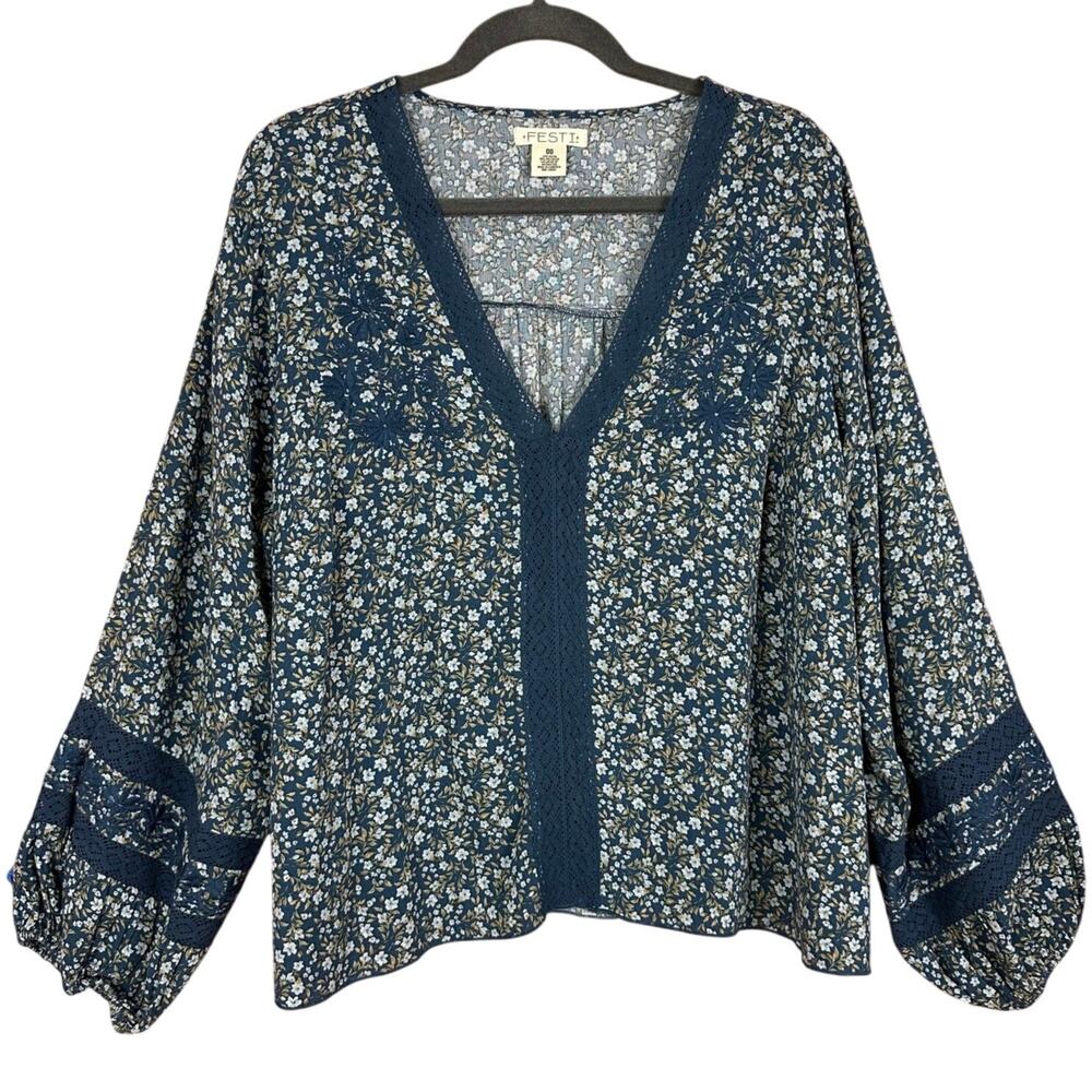 Torrid Festi Floral Long Sleeve Blouse Blue Womens Size 00